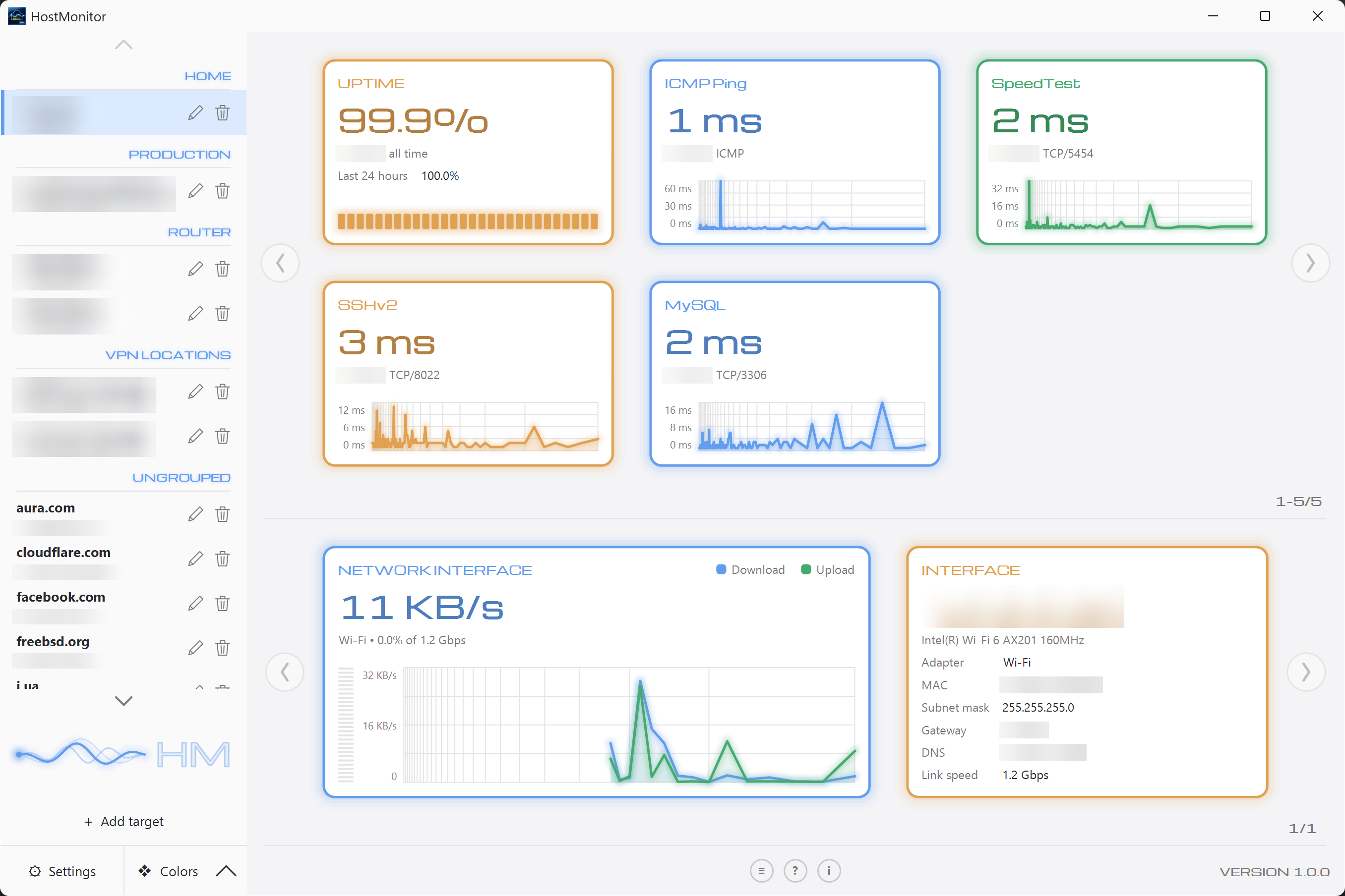 HostMonitor Pro dashboard — a card per service with its latest reading and latency graph