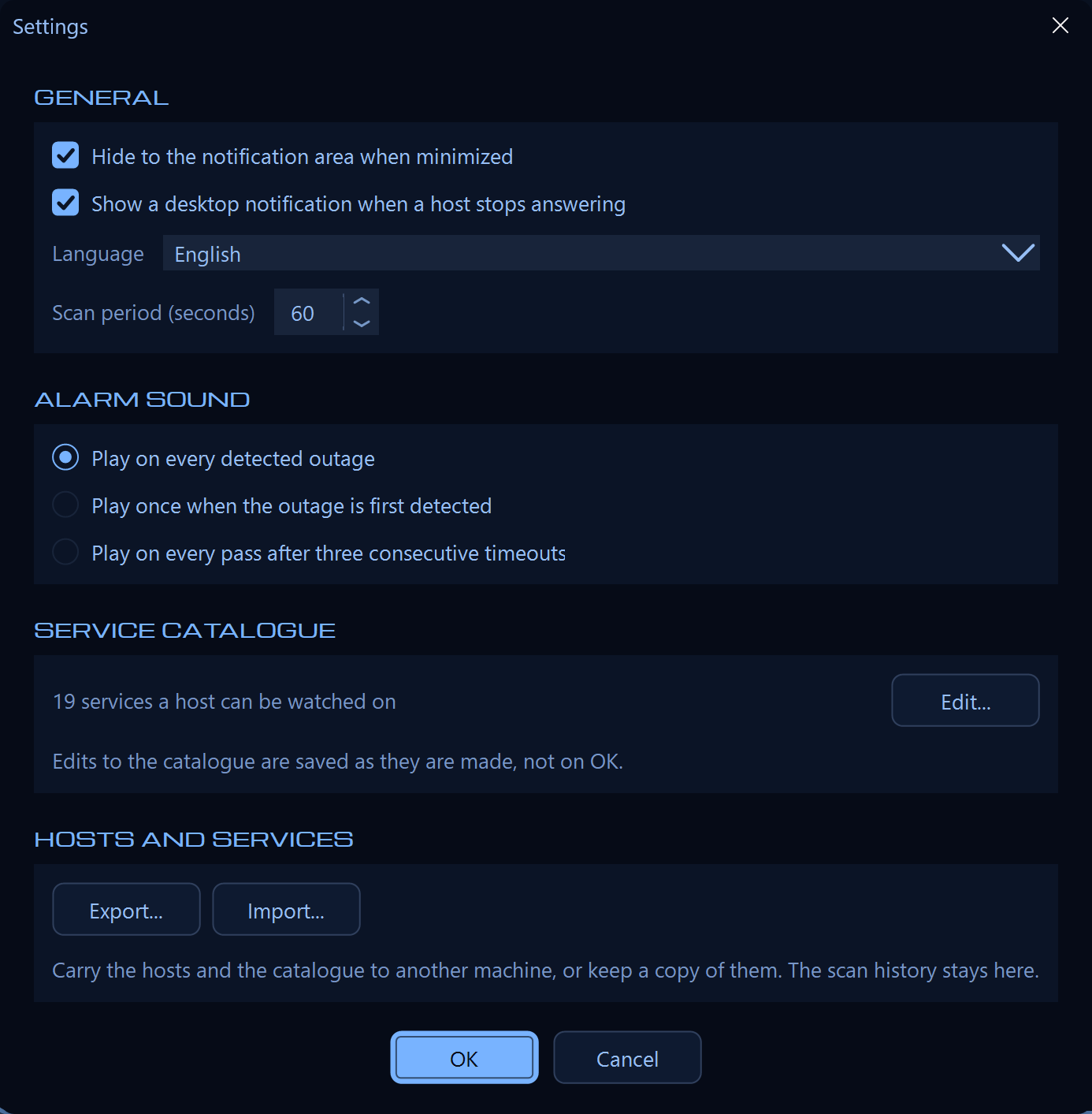 Preferences window with language, scan period and alarm settings