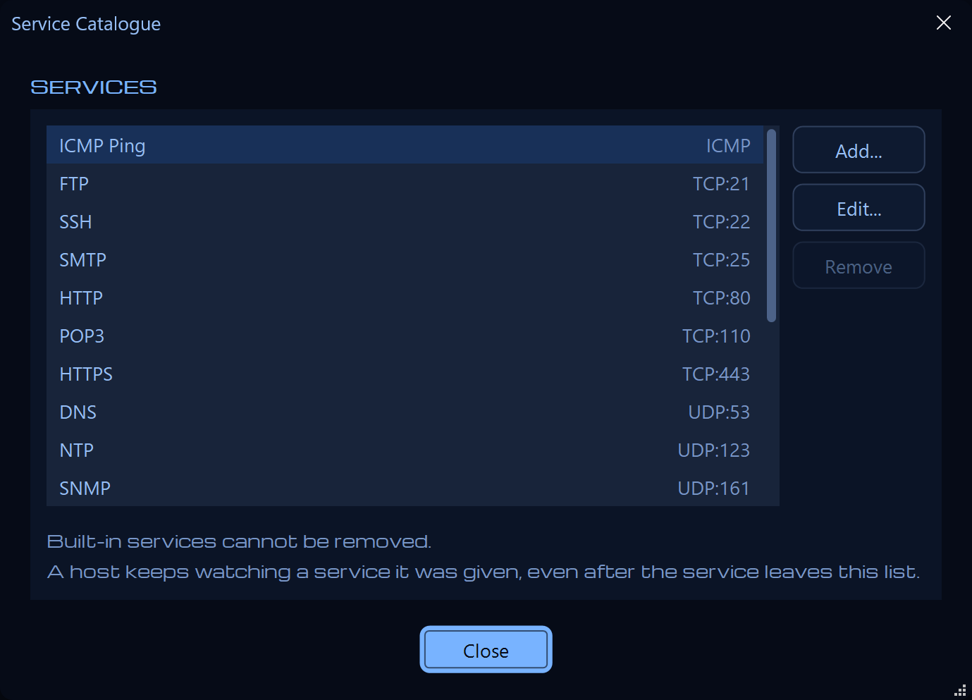 Service catalogue window listing the services a host can be watched on