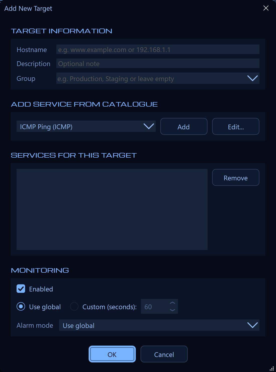 Add target dialog with hostname, group and the services to watch