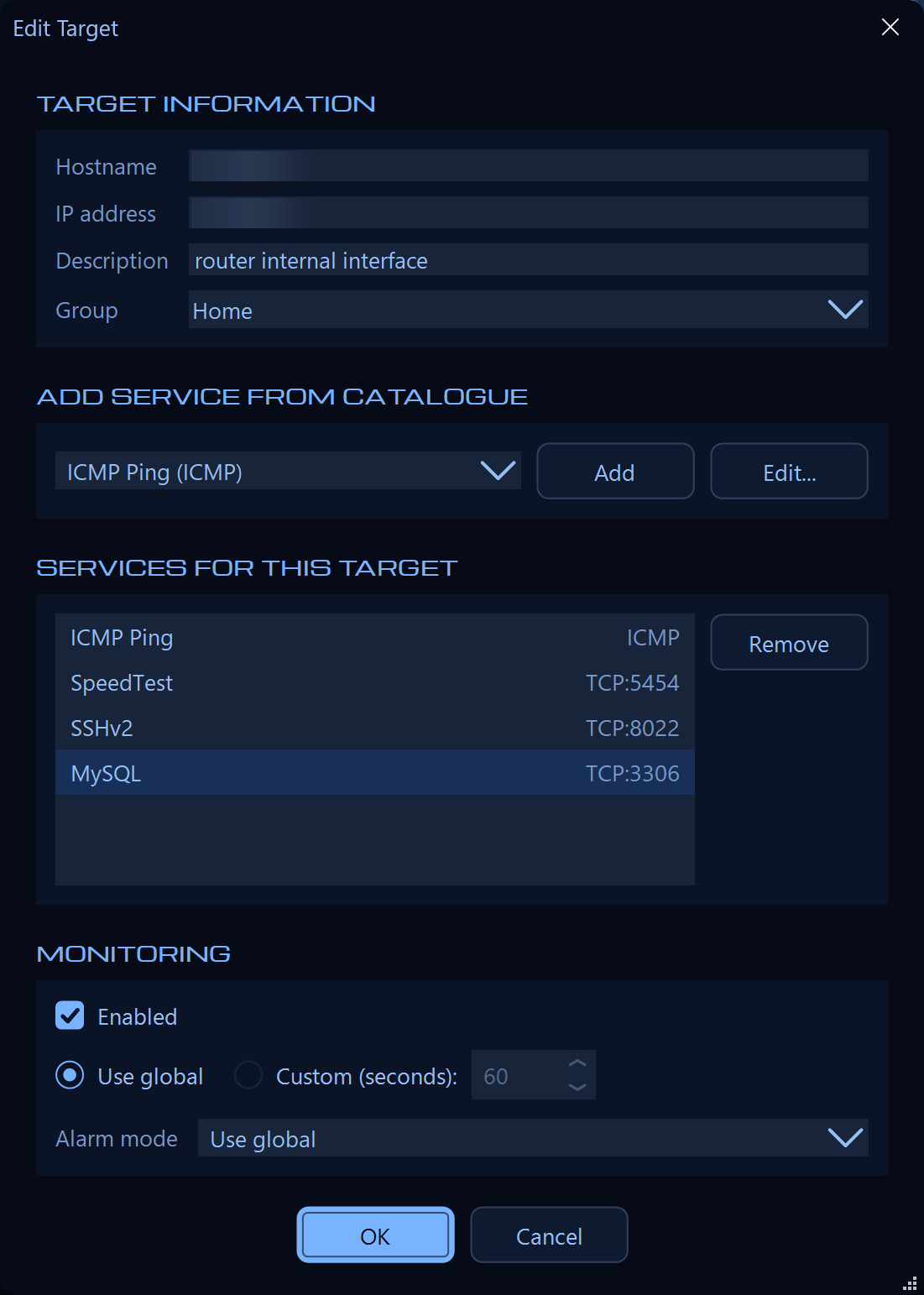 Edit target dialog showing the services attached to a host