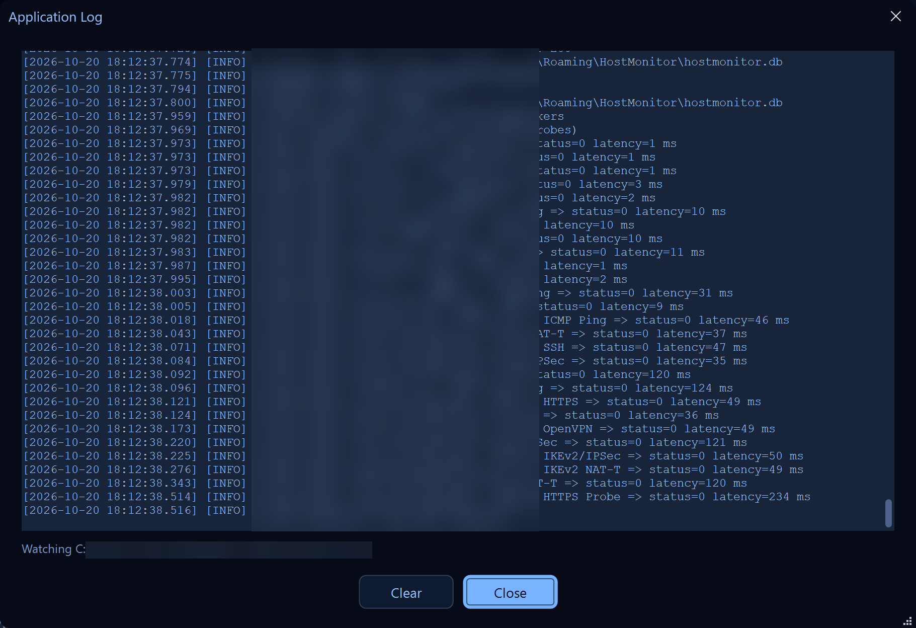 Application log window showing scan results as they arrive